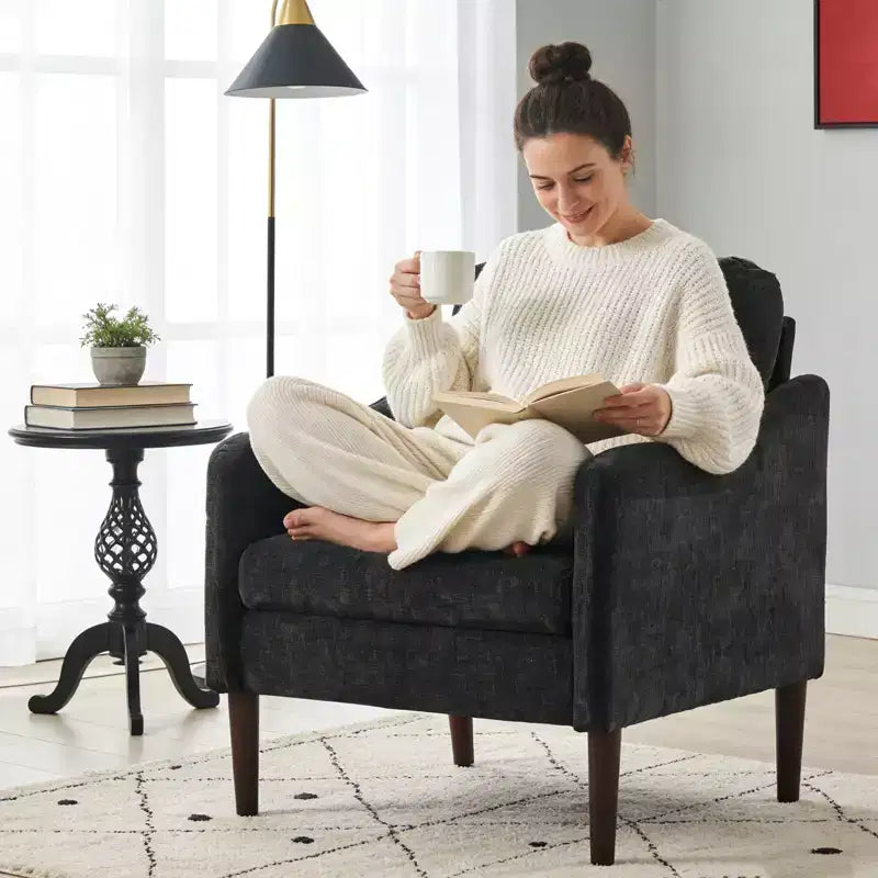 Mid-Century Modern Akzentsessel, 5,5 Zoll dickes Sitzkissen, Chenille-Stoff, geschwungener Armsessel, bequemer Einzelsessel für Schlafzimmer, Wohnzimmer, Büro