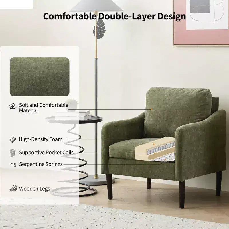 Mid-Century Modern Akzentsessel, 5,5 Zoll dickes Sitzkissen, Chenille-Stoff, geschwungener Armsessel, bequemer Einzelsessel für Schlafzimmer, Wohnzimmer, Büro