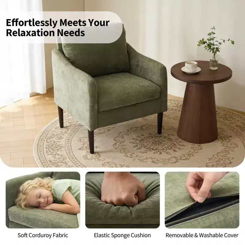 Mid-Century Modern Akzentsessel, 5,5 Zoll dickes Sitzkissen, Chenille-Stoff, geschwungener Armsessel, bequemer Einzelsessel für Schlafzimmer, Wohnzimmer, Büro