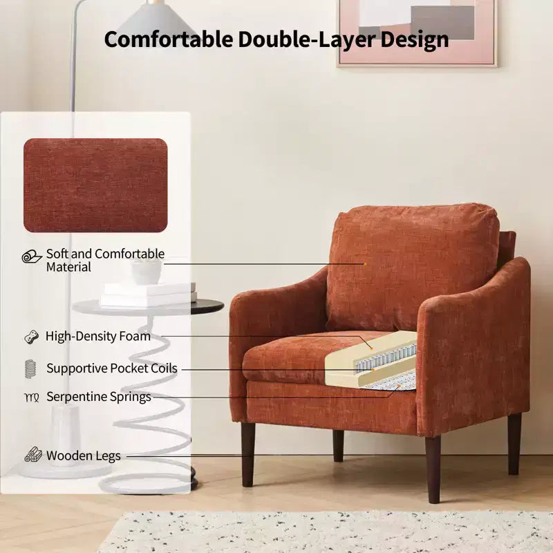 Mid-Century Modern Akzentsessel, 5,5 Zoll dickes Sitzkissen, Chenille-Stoff, geschwungener Armsessel, bequemer Einzelsessel für Schlafzimmer, Wohnzimmer, Büro
