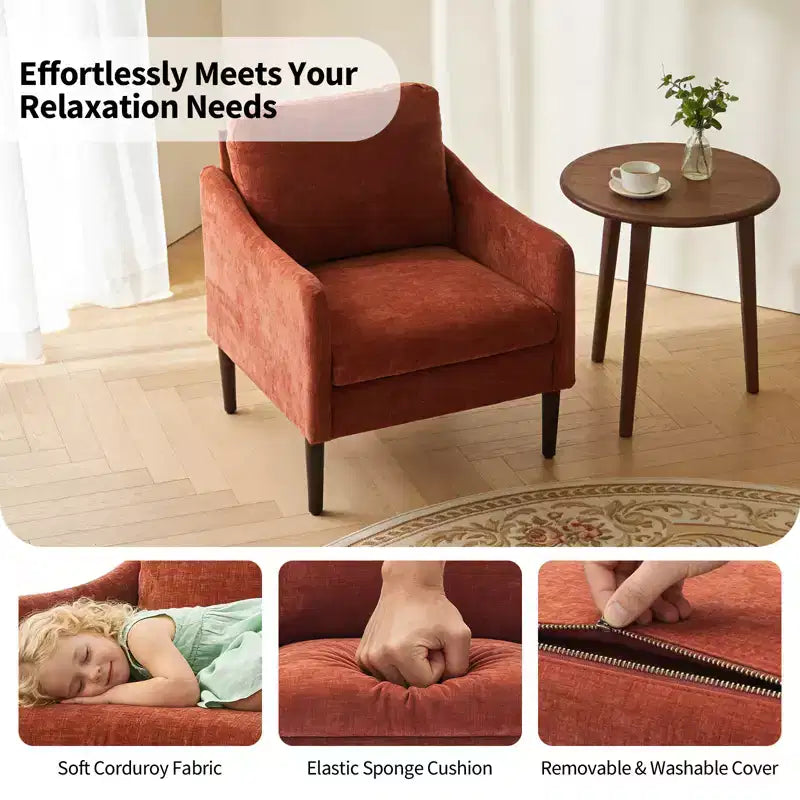 Mid-Century Modern Akzentsessel, 5,5 Zoll dickes Sitzkissen, Chenille-Stoff, geschwungener Armsessel, bequemer Einzelsessel für Schlafzimmer, Wohnzimmer, Büro