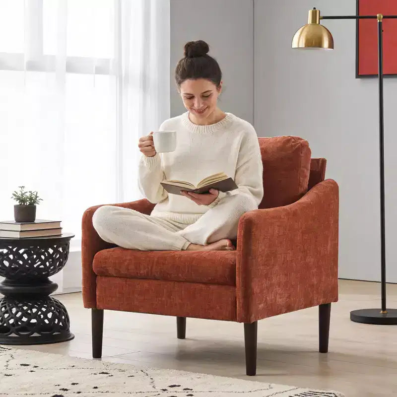 Mid-Century Modern Akzentsessel, 5,5 Zoll dickes Sitzkissen, Chenille-Stoff, geschwungener Armsessel, bequemer Einzelsessel für Schlafzimmer, Wohnzimmer, Büro