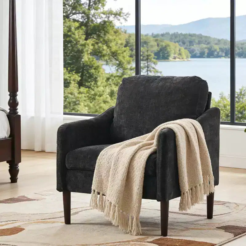 Mid-Century Modern Akzentsessel, 5,5 Zoll dickes Sitzkissen, Chenille-Stoff, geschwungener Armsessel, bequemer Einzelsessel für Schlafzimmer, Wohnzimmer, Büro