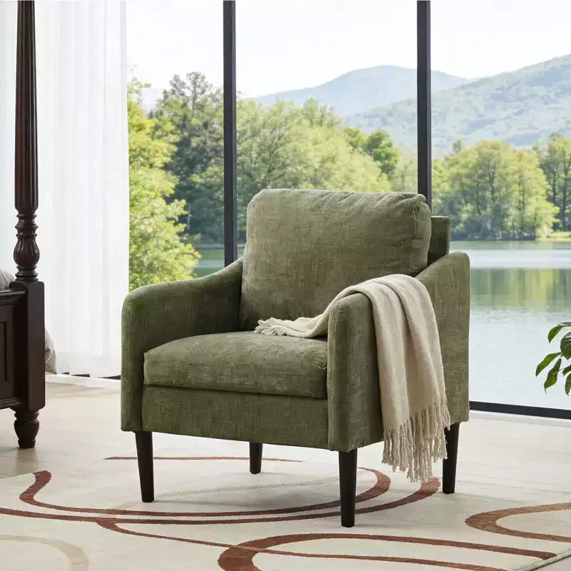 Mid-Century Modern Akzentsessel, 5,5 Zoll dickes Sitzkissen, Chenille-Stoff, geschwungener Armsessel, bequemer Einzelsessel für Schlafzimmer, Wohnzimmer, Büro