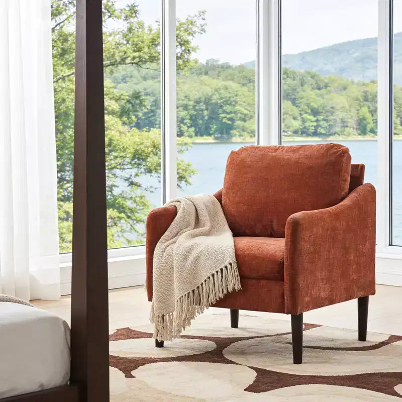 Mid-Century Modern Akzentsessel, 5,5 Zoll dickes Sitzkissen, Chenille-Stoff, geschwungener Armsessel, bequemer Einzelsessel für Schlafzimmer, Wohnzimmer, Büro