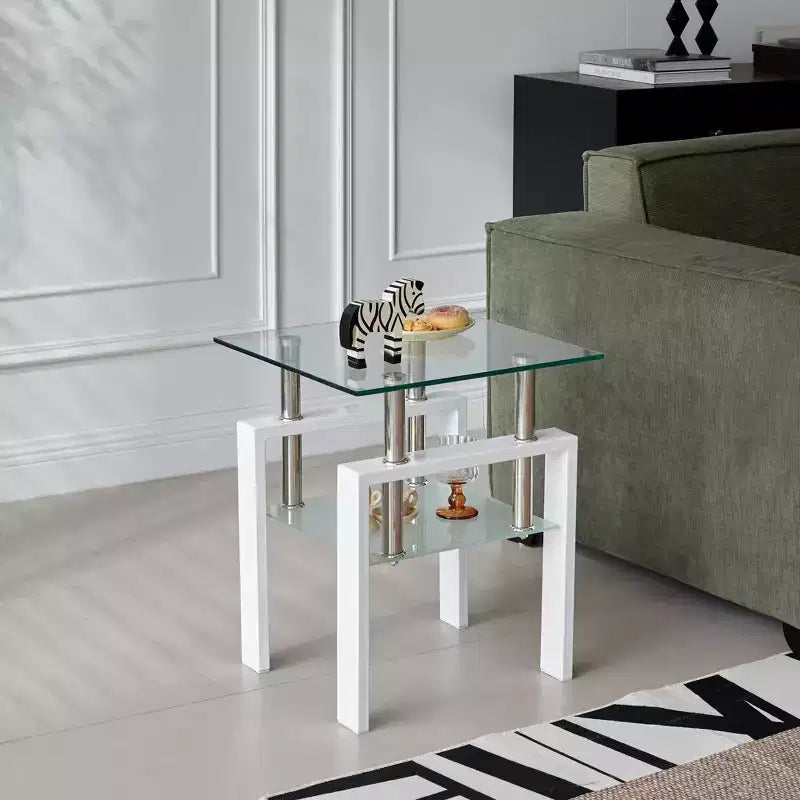 White Tempered Glass End Table, 2-Tier Side Table with Storage for Living Room and Bedroom