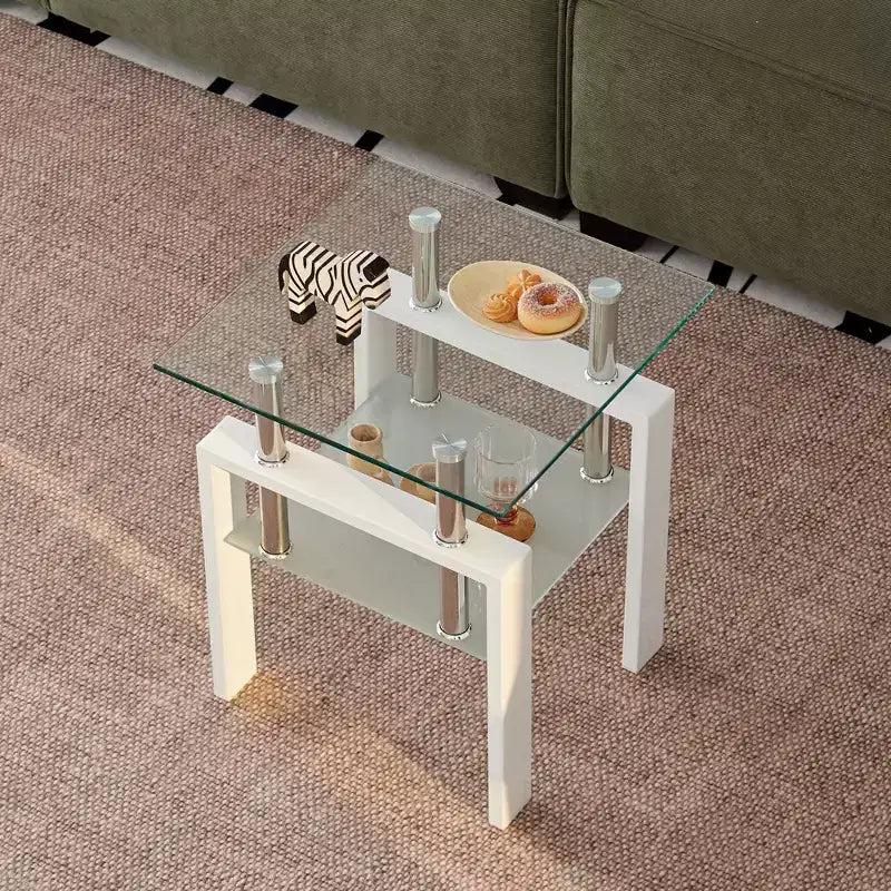 Weißer Beistelltisch aus gehärtetem Glas, 2-stöckiger Sofatisch mit Ablage für Wohnzimmer und Schlafzimmer