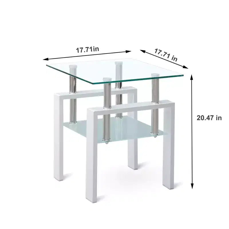 Weißer Beistelltisch aus gehärtetem Glas, 2-stöckiger Sofatisch mit Ablage für Wohnzimmer und Schlafzimmer