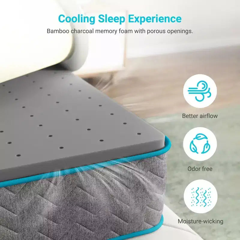 12 atmungsaktive Bambuskohle-Memoryschaum-Hybridmatratze – mittelfest – kompatibel mit Plattformbett, Boxspring oder Lattenrost