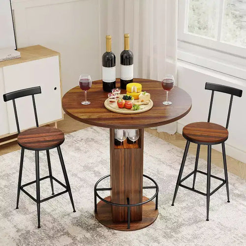 Zevemomo 3-Piece 31.5 Round Bar Table and Chairs Set for 2, Small Pub Dining Set with 2 Stools, Space Saving, Walnut