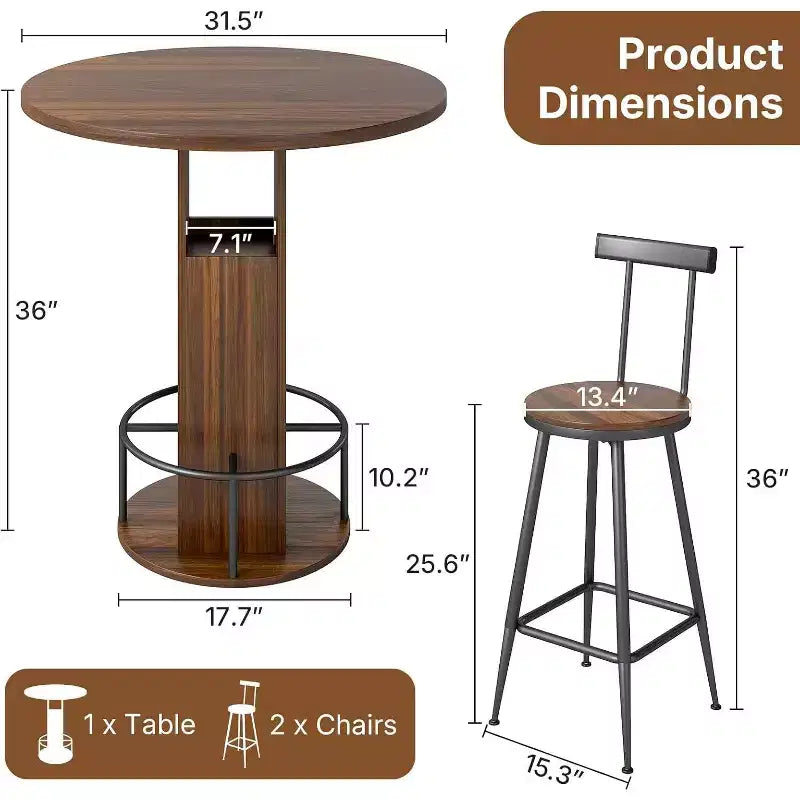 3-teiliges rundes Bartisch-Set (80 cm) mit 2 Hockern, kleines Pub-Esszimmer mit 2 Hockern, platzsparend, Walnuss