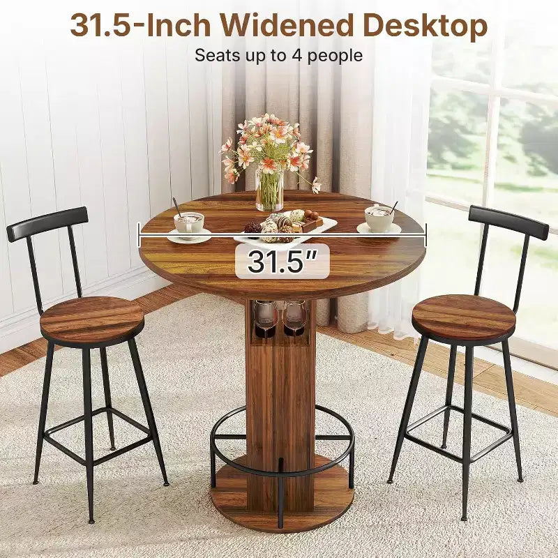 3-teiliges rundes Bartisch-Set (80 cm) mit 2 Hockern, kleines Pub-Esszimmer mit 2 Hockern, platzsparend, Walnuss