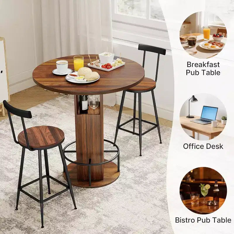3-teiliges rundes Bartisch-Set (80 cm) mit 2 Hockern, kleines Pub-Esszimmer mit 2 Hockern, platzsparend, Walnuss