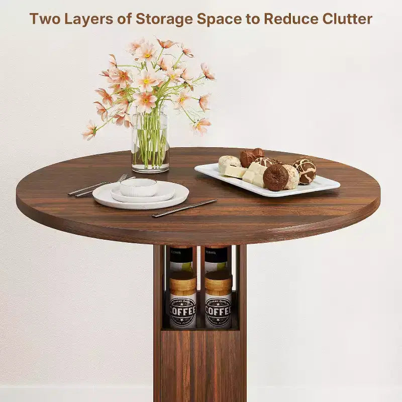 3-teiliges rundes Bartisch-Set (80 cm) mit 2 Hockern, kleines Pub-Esszimmer mit 2 Hockern, platzsparend, Walnuss