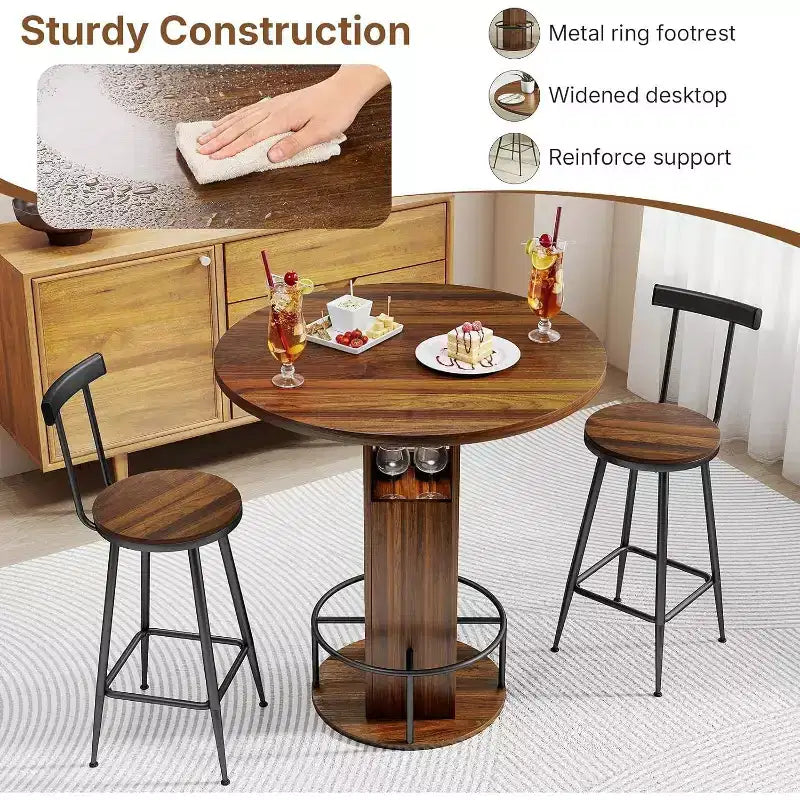 3-teiliges rundes Bartisch-Set (80 cm) mit 2 Hockern, kleines Pub-Esszimmer mit 2 Hockern, platzsparend, Walnuss