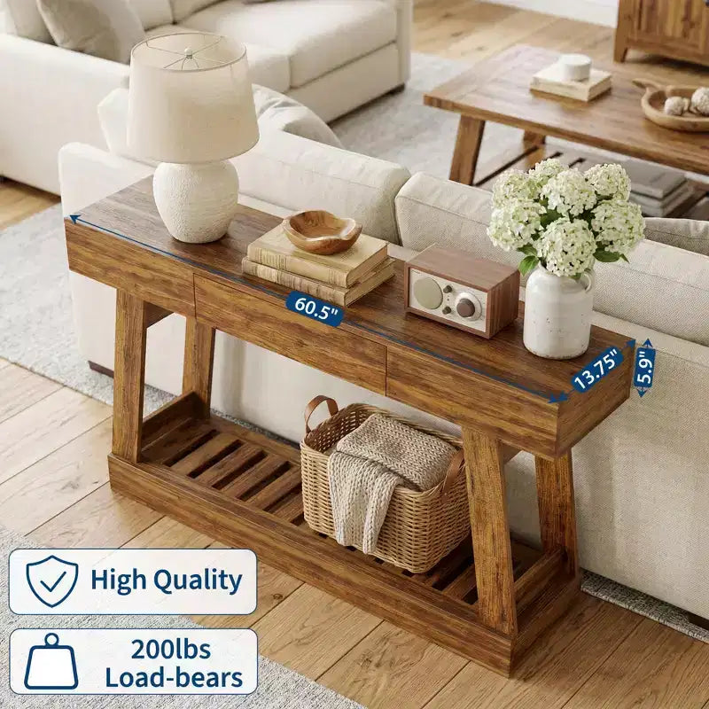 Bauernhaus-Beistelltisch 60 mit Schublade, rustikaler schmaler Konsolentisch, Sofa-Tisch mit Holzrahmen und unterem Ablagefach für Flur, hinter dem Sofa
