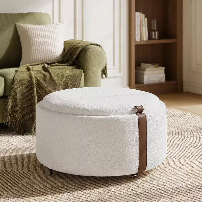 29 Runder Aufbewahrungshocker mit Rollen, zwei wendbaren Deckeln, gepolsterter moderner Couchtisch für das Wohnzimmer