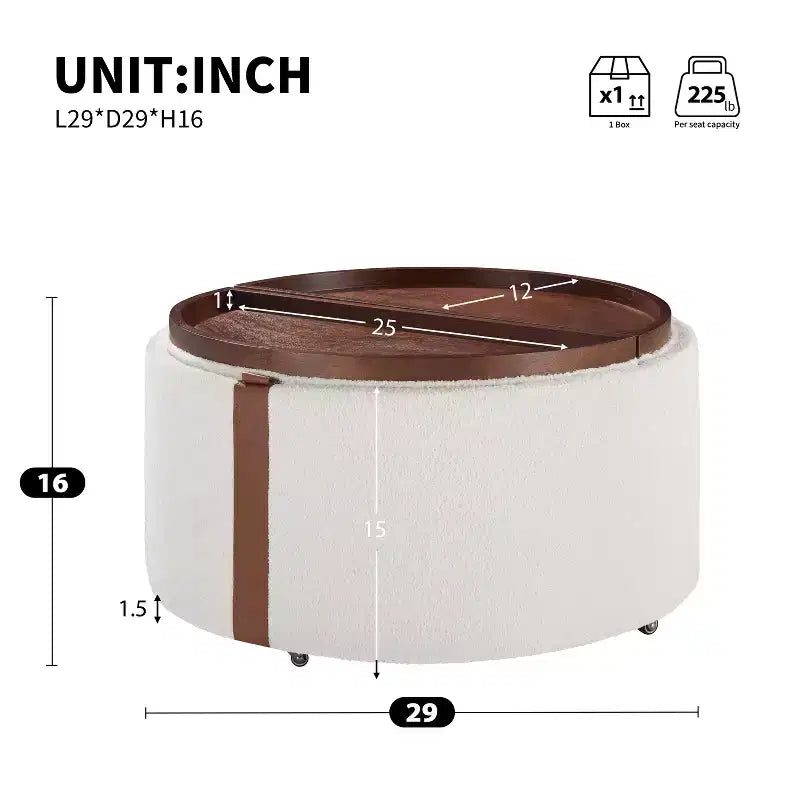 29 Runder Aufbewahrungshocker mit Rollen, zwei wendbaren Deckeln, gepolsterter moderner Couchtisch für das Wohnzimmer