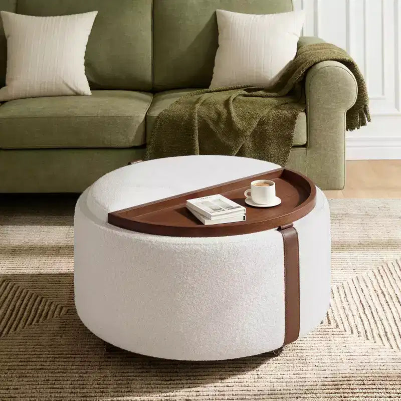 ModernLuxe 29 Round Storage Ottoman with Caster Wheels, Dual Reversible Lids, Upholstered Modern Coffee Table for Living Room