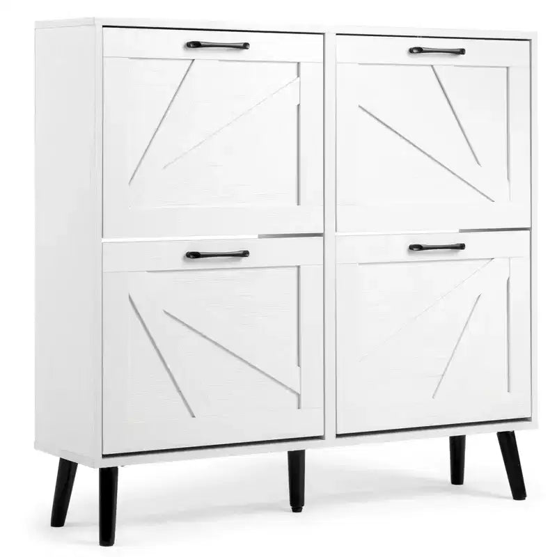 Scheunentor Schuhschrank, 4 Klapptüren, Schwarze Griffe, Verleimte Spanplatte, Geprägte Naturbeine, 105,9 cm