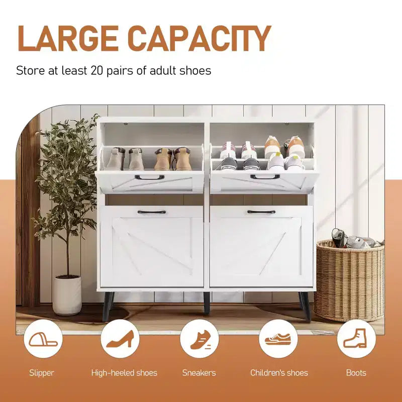 Scheunentor Schuhschrank, 4 Klapptüren, Schwarze Griffe, Verleimte Spanplatte, Geprägte Naturbeine, 105,9 cm