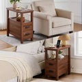 This End Table with Charging Station,Side Tables with USB Ports & Outlets,Side Table with 2 Drawers, Small Wood Bedside Table, Small Rustic Side.