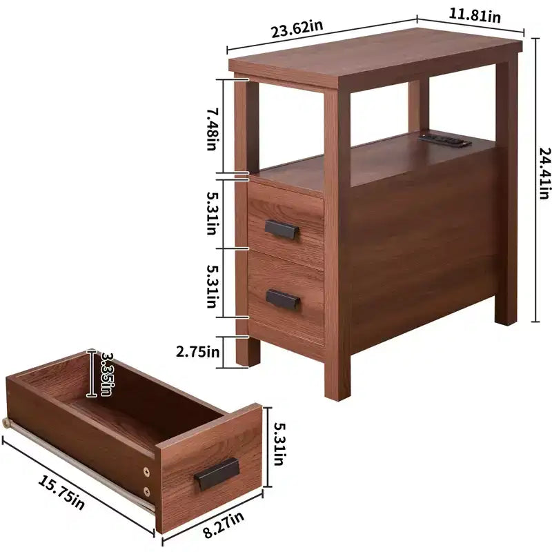 Dieser Beistelltisch mit Ladestation, Beistelltische mit USB-Anschlüssen & Steckdosen, Beistelltisch mit 2 Schubladen, kleiner Nachttisch aus Holz, kleiner rustikaler Beistelltisch.