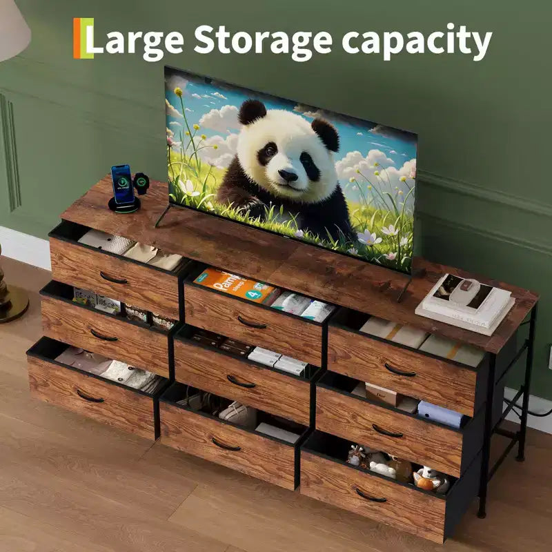 Kommode für Schlafzimmer, breite Kommode mit 9 Schubladen als TV-Möbel, Kleiderschrank mit Metallrahmen, Aufbewahrungsschrank mit Stoffschubladen, Organizer