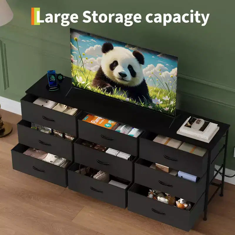Kommode für Schlafzimmer, breite Kommode mit 9 Schubladen als TV-Möbel, Kleiderschrank mit Metallrahmen, Aufbewahrungsschrank mit Stoffschubladen, Organizer