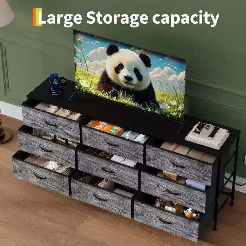 Kommode für Schlafzimmer, breite Kommode mit 9 Schubladen als TV-Möbel, Kleiderschrank mit Metallrahmen, Aufbewahrungsschrank mit Stoffschubladen, Organizer