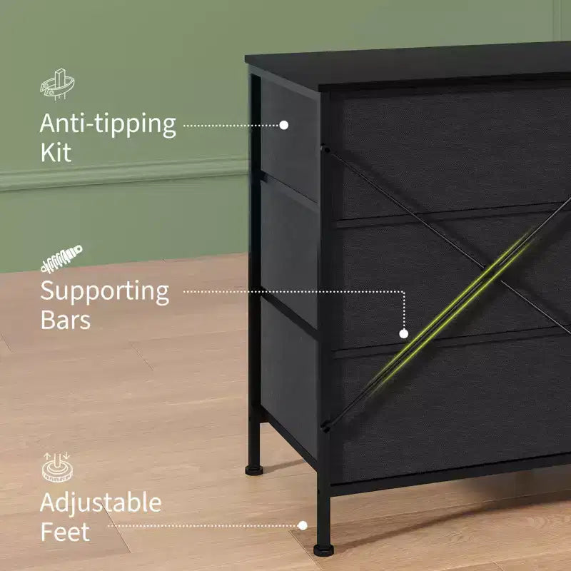 Kommode für Schlafzimmer, breite Kommode mit 9 Schubladen als TV-Möbel, Kleiderschrank mit Metallrahmen, Aufbewahrungsschrank mit Stoffschubladen, Organizer