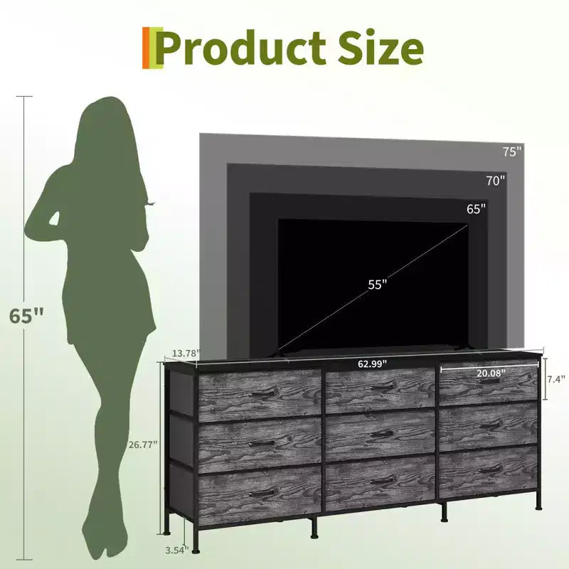 Kommode für Schlafzimmer, breite Kommode mit 9 Schubladen als TV-Möbel, Kleiderschrank mit Metallrahmen, Aufbewahrungsschrank mit Stoffschubladen, Organizer