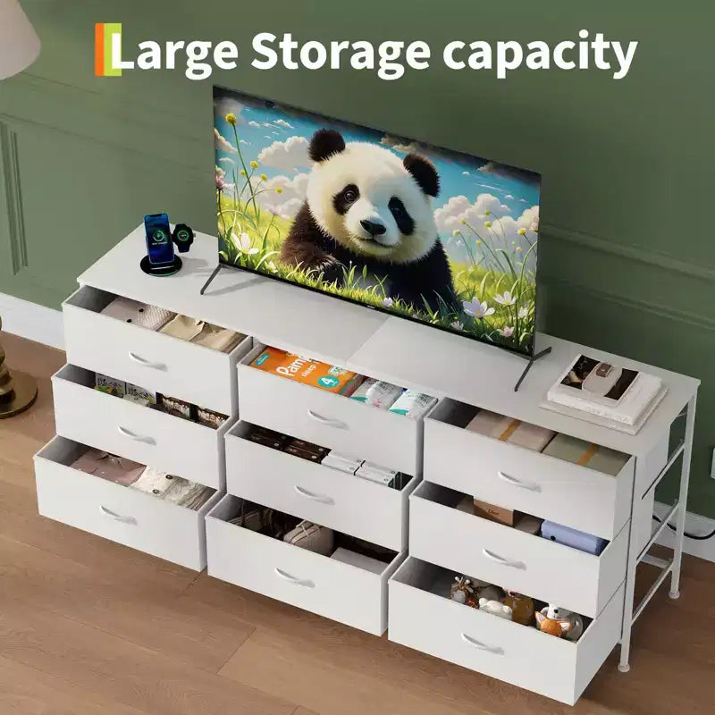 Kommode für Schlafzimmer, breite Kommode mit 9 Schubladen als TV-Möbel, Kleiderschrank mit Metallrahmen, Aufbewahrungsschrank mit Stoffschubladen, Organizer