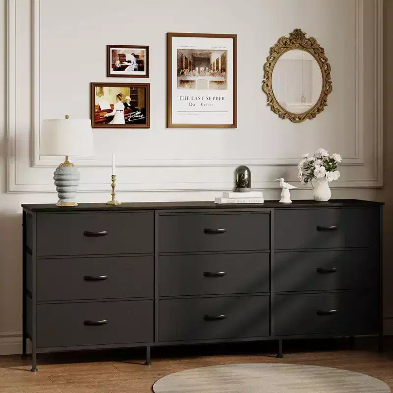 Kommode für Schlafzimmer, breite Kommode mit 9 Schubladen als TV-Möbel, Kleiderschrank mit Metallrahmen, Aufbewahrungsschrank mit Stoffschubladen, Organizer