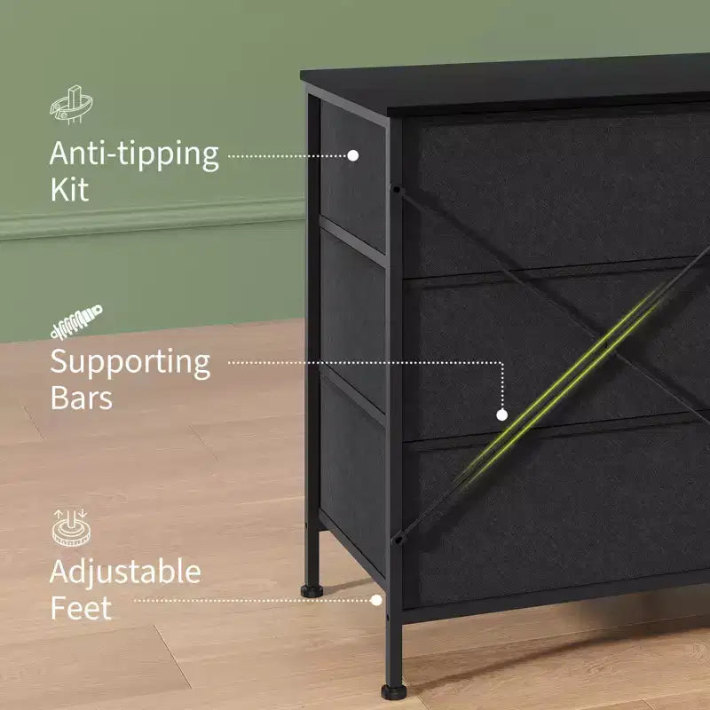 Kommode für Schlafzimmer, breite Kommode mit 9 Schubladen als TV-Möbel, Kleiderschrank mit Metallrahmen, Aufbewahrungsschrank mit Stoffschubladen, Organizer
