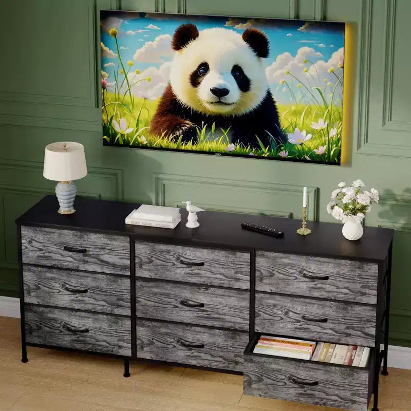 Kommode für Schlafzimmer, breite Kommode mit 9 Schubladen als TV-Möbel, Kleiderschrank mit Metallrahmen, Aufbewahrungsschrank mit Stoffschubladen, Organizer
