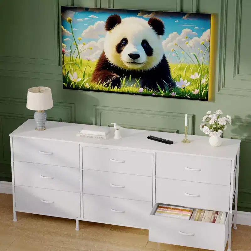 Kommode für Schlafzimmer, breite Kommode mit 9 Schubladen als TV-Möbel, Kleiderschrank mit Metallrahmen, Aufbewahrungsschrank mit Stoffschubladen, Organizer