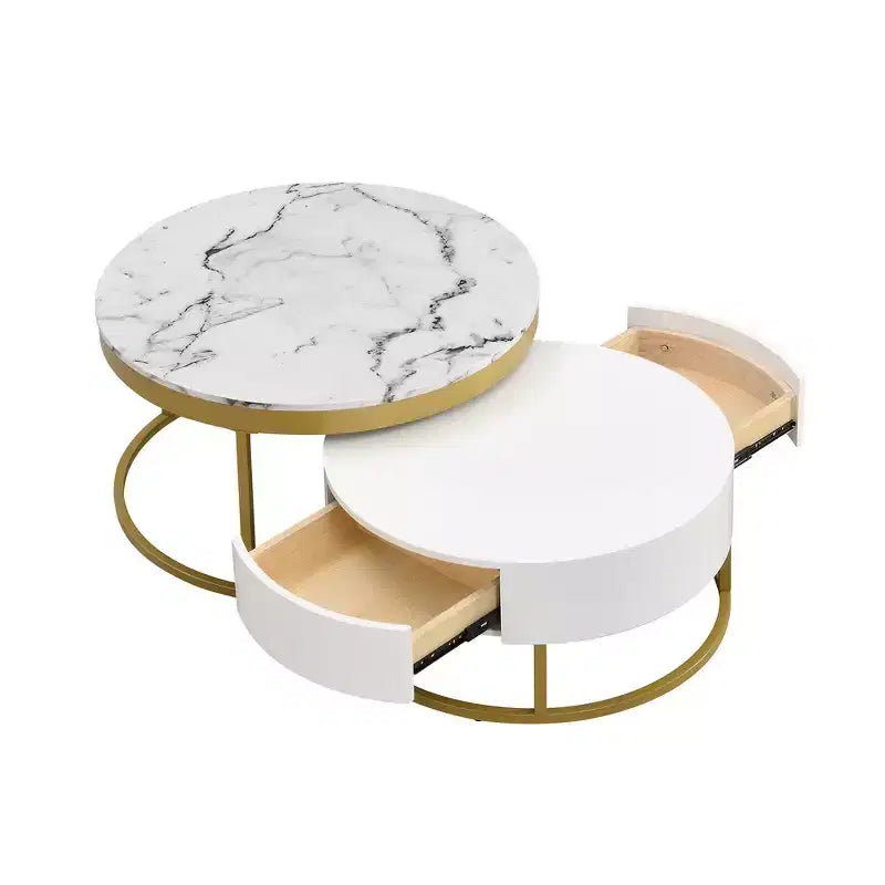 Moderner runder Satztisch mit 2 Schubladen - Gold & Weiß