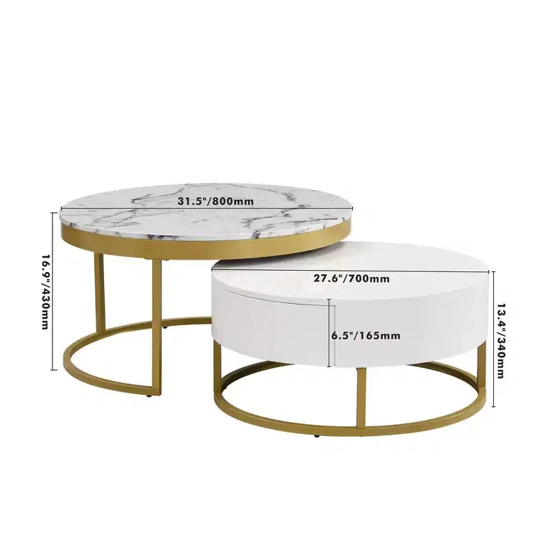Moderner runder Satztisch mit 2 Schubladen - Gold & Weiß