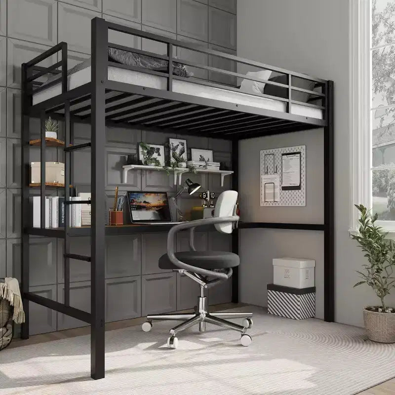Twin Loft Bed with Desk and 2 Storage Shelves, Metal Loft Bed Frame with Guardrail, Ladder and Steel Slat Support