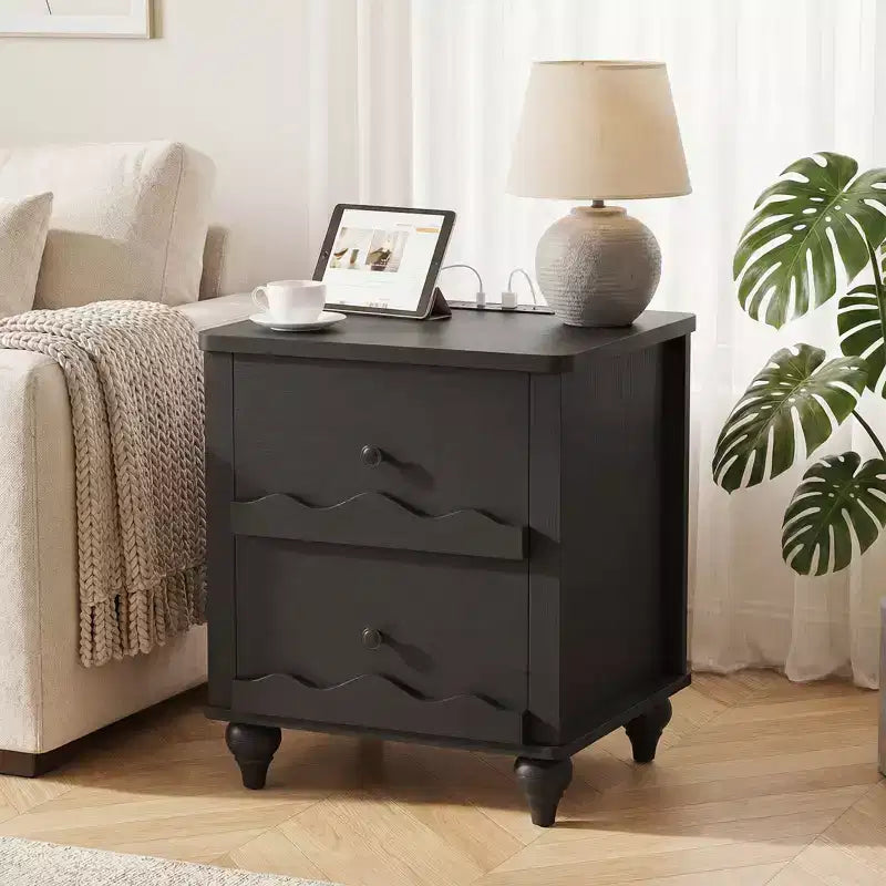Besiost Wooden 2-Drawers Dresser with Charging Station, End Table Space-Saving, Modern Nightstand