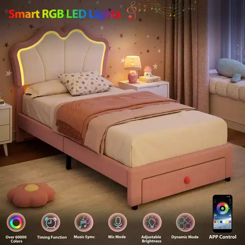 Samtbett mit Stauraum in Twin-Size mit LED-Beleuchtung, gepolsterter Plattform-Bettrahmen mit ausziehbarem Schubkasten, kein Boxspringbett erforderlich