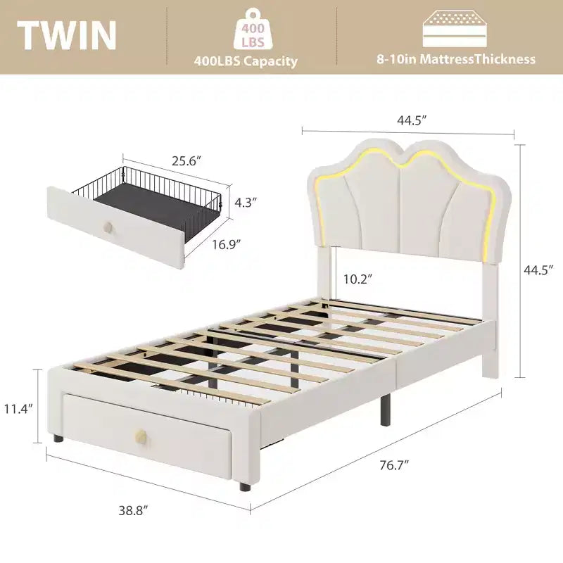 Samtbett mit Stauraum in Twin-Size mit LED-Beleuchtung, gepolsterter Plattform-Bettrahmen mit ausziehbarem Schubkasten, kein Boxspringbett erforderlich