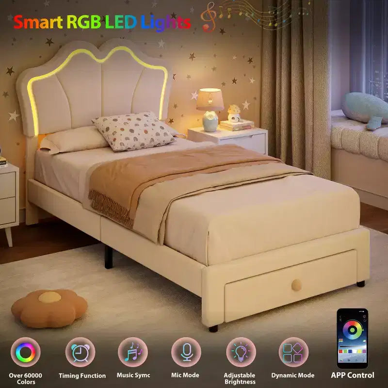 Samtbett mit Stauraum in Twin-Size mit LED-Beleuchtung, gepolsterter Plattform-Bettrahmen mit ausziehbarem Schubkasten, kein Boxspringbett erforderlich