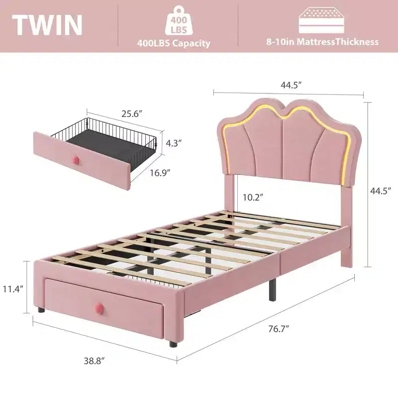Samtbett mit Stauraum in Twin-Size mit LED-Beleuchtung, gepolsterter Plattform-Bettrahmen mit ausziehbarem Schubkasten, kein Boxspringbett erforderlich