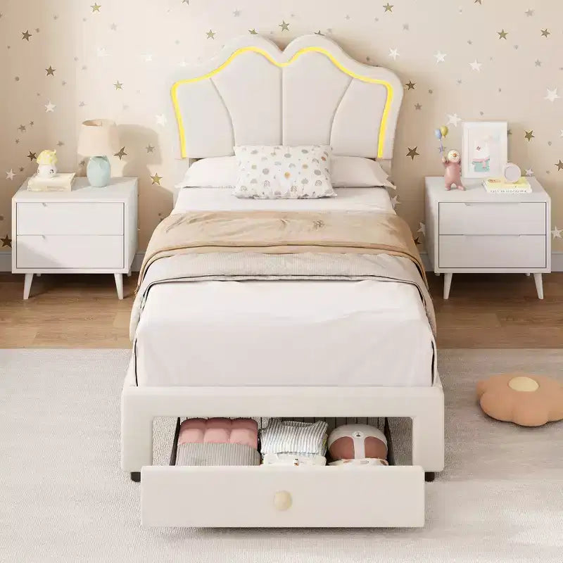 Samtbett mit Stauraum in Twin-Size mit LED-Beleuchtung, gepolsterter Plattform-Bettrahmen mit ausziehbarem Schubkasten, kein Boxspringbett erforderlich