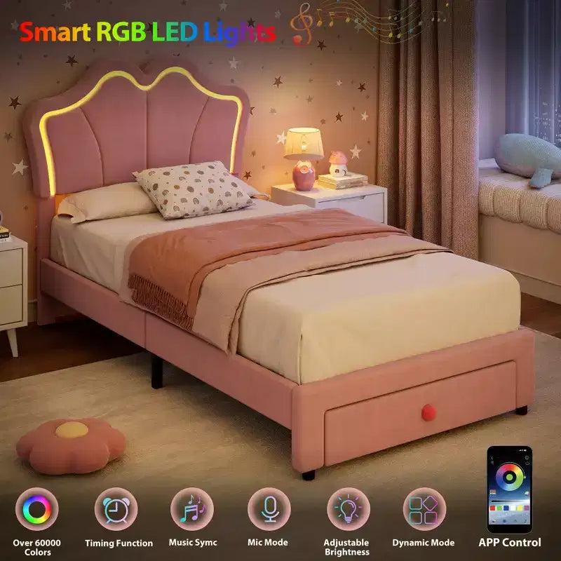 Samtbett mit Stauraum in Twin-Size mit LED-Beleuchtung, gepolsterter Plattform-Bettrahmen mit ausziehbarem Schubkasten, kein Boxspringbett erforderlich