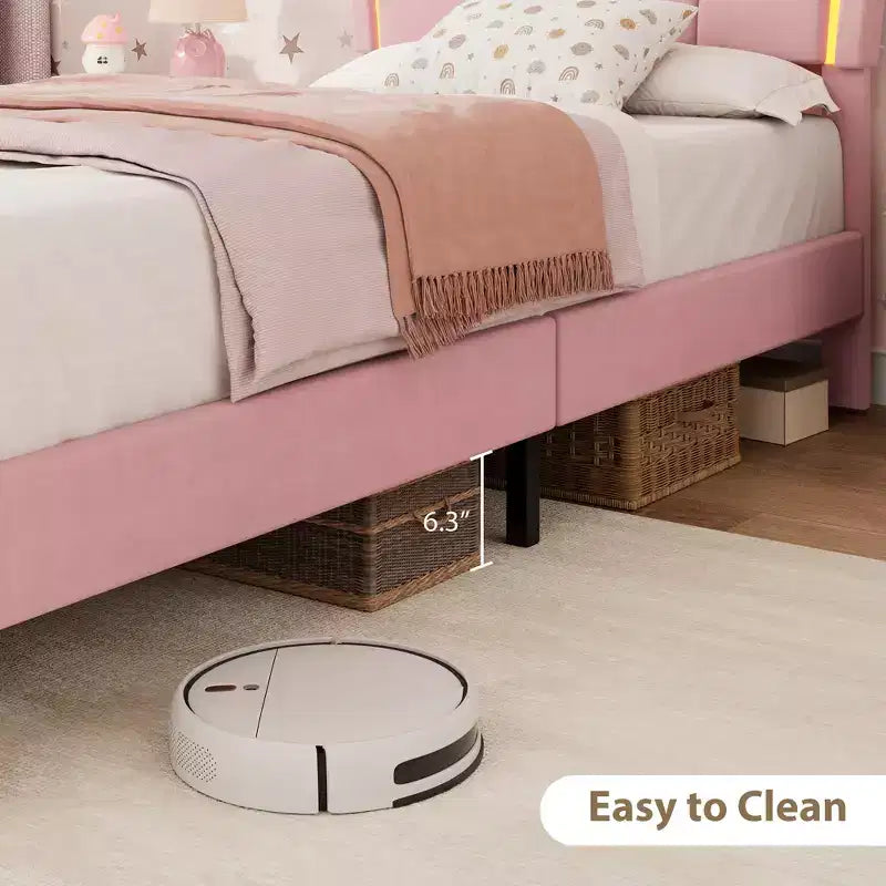 Samtbett mit Stauraum in Twin-Size mit LED-Beleuchtung, gepolsterter Plattform-Bettrahmen mit ausziehbarem Schubkasten, kein Boxspringbett erforderlich
