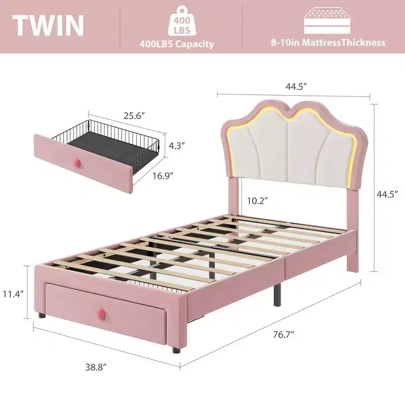 Samtbett mit Stauraum in Twin-Size mit LED-Beleuchtung, gepolsterter Plattform-Bettrahmen mit ausziehbarem Schubkasten, kein Boxspringbett erforderlich