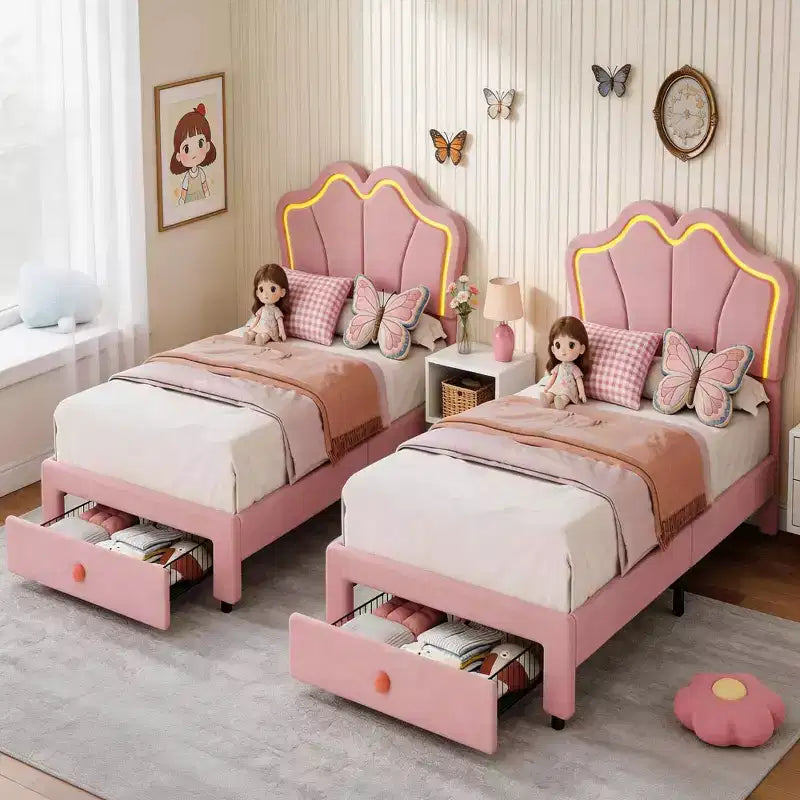 Set of 2 Twin Size Velvet Storage Beds with LED Lights  Upholstered Platform Bed Frame with Pull-Out Drawer, No Box Spring Needed